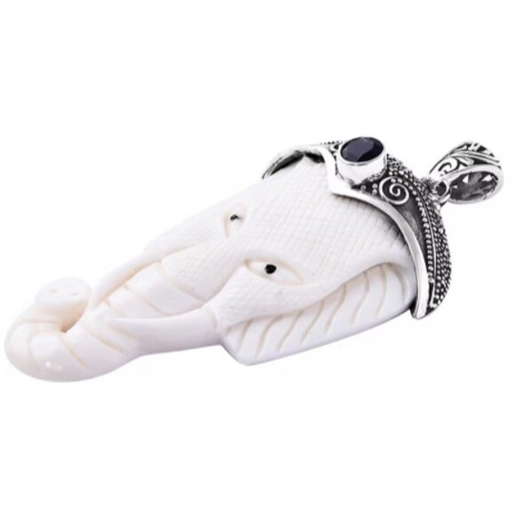 Elephant Pendant Carved Bone & African Amethyst Sterling Unique - Picture 4 of 4